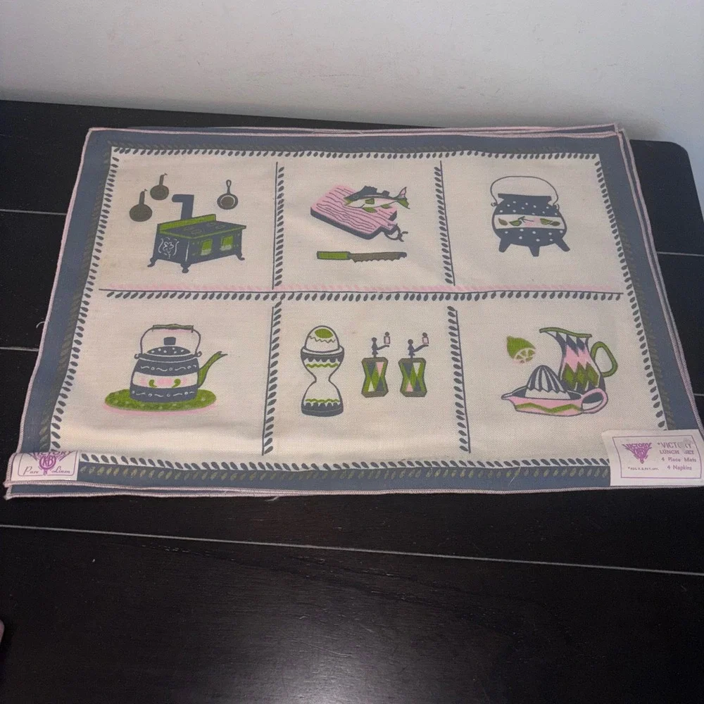 NEW | Vintage Victory | Pure Linen | 4 Place Mats ONLY | MCM Kitchen Pink‎ Green